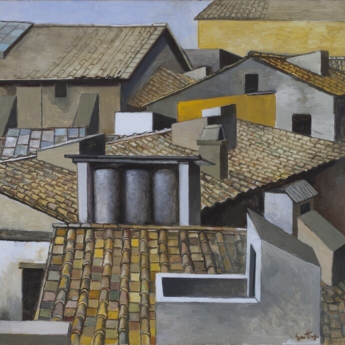 Renato Guttuso, Rooftops in Rome, c. 1973, Oil on canvas, 70 x 85 cm, Courtesy Galleria d’Arte Maggiore, Bologna