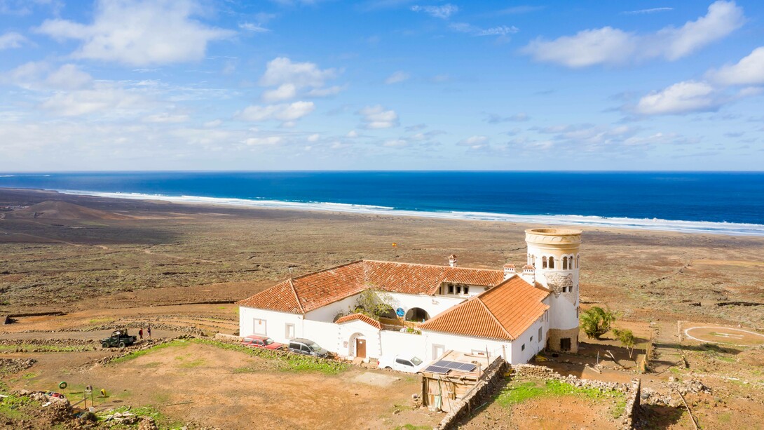 Vista dall'alto di Casa Winter a Cofete, Fuerteventura, Isole Canarie, Spagna