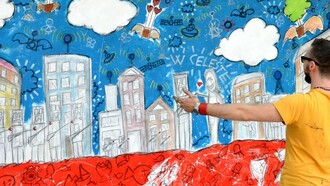 Um dia de abril - 227x443 cm - water-based paint and pen on wall, Coimbra, Portugal