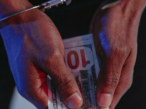 Handcuffed and holding cash, the figure embodies how freedom is sold and justice is bought in a republic teetering on the edge of moral bankruptcy