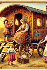 Eleonora de niña, con sus padres y artistas callejeros. Las reconstrucciones en IA de éste artículo pertenecen a Patrizia Boi 