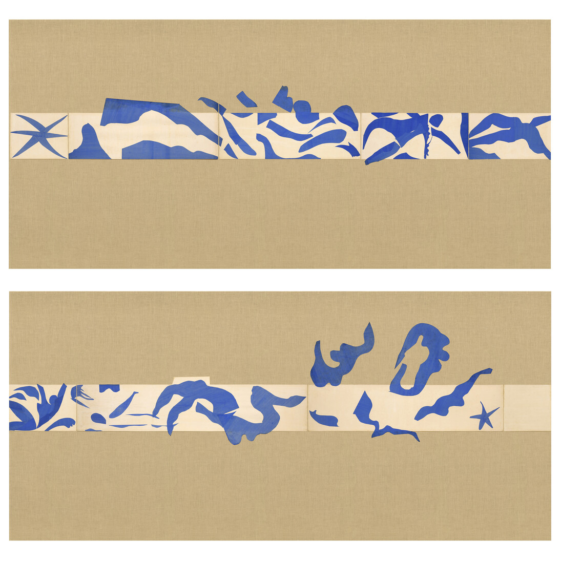 Henri Matisse (French, 1869-1954). The Swimming Pool (La Piscine), late summer 1952. Maquette for ceramic (realized 1999 and 2005). Gouache on paper, cut and pasted, on painted paper. Overall 73 x 647” (185.4 x 1653.3 cm). Installed as nine panels in two parts on burlap-covered walls 136” (345.4 cm) high. Frieze installed at a height of 65” (165 cm). The Museum of Modern Art, New York. Mrs Bernard F. Gimbel Fund, 1975 © 2014 Succession H. Matisse / Artists Rights Society (ARS), New York