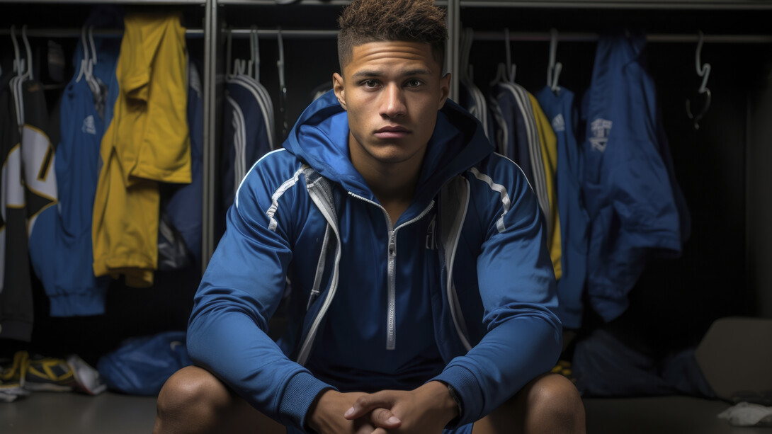 A young athlete sits in locker room showing determination and focus that drive not only performance but also financial strategy