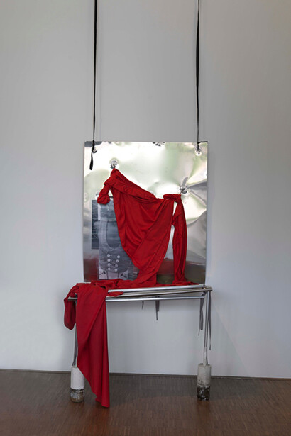 Reklame – Zimmermann, rot, 2012, fabric, metal plates, photocopies, pins, plaster, preserving glass, 192 x 100 x 63 cm