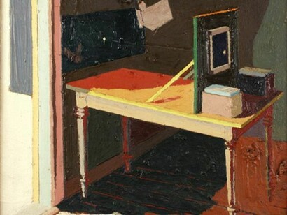 Jess, Ex. 1-Laying a Standard (detail), Translation #1, 1959, oil on canvas, 23.5x15 inches, Courtesy Tibor de Nagy Gallery, NY