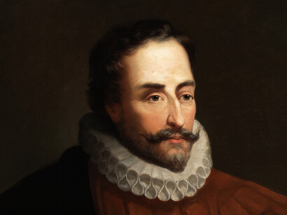 'Miguel de Carvantes' (1877)  de Eduardo de Balaca y Orejas Canseco. Óleo sobre lienzo, 58 x 46 cm, Museo del Prado en Madrid, España