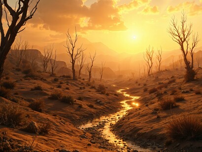 An eroded landscape with a dwindling water stream, representing environmental degradation driven by climate shifts