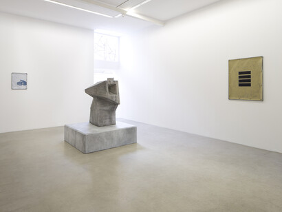 Valentin Carron - The great object (after André Gigon), 2014, Polystyrene and resin, 161 x 130 x 130 cm - Main bleue bougie blanche, 2014, Vinyl ink on pvc tarpaulin, galvanised steel tubing, metal wire
47 x 37 cm -Tout près presque dedans, 2014, Vinyl ink on pvc tarpaulin, galvanised steel tubing, metal wire
95 x 75 cm, View of the exhibition « L’autoroute du soleil à minuit », kamel mennour (47, rue Saint-André des Arts), Paris, 2015 © Valentin Carron, Photo: Fabrice Seixas, Courtesy the artist and kamel mennour, Paris