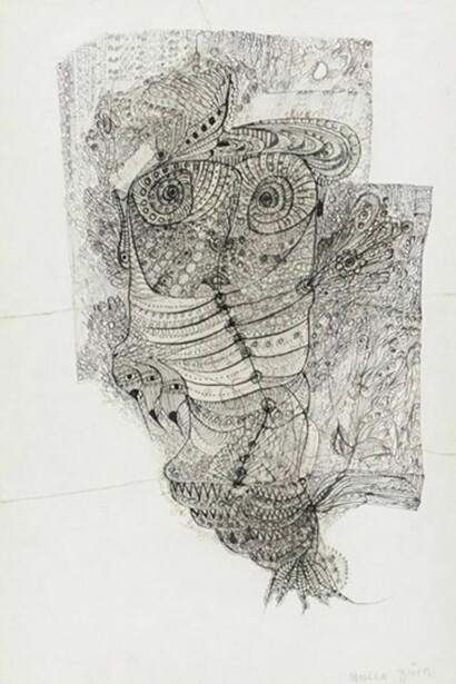 Unica Zürn, Guten Abend mein Ungleuck wie geht es Dir? [Good Evening Bad luck, How Are You?] / Ich kegle in Dir um das unentwegte Beugen [I control In You the Constant Bending], ca. 1958, ink on paper (torn anagram drawing reassembled by Hans Bellmer), 11 1/8 x 7 1/2 inches (28.3 x 19.1 cm) – image, 13 5/8 x 10 1/2 inches (34.6 x 26.7 cm) – mount, signed on recto