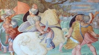 Fresco que representa la batalla de Farsalia, según la biografía de Suetonio. César versus Pompeo, la guerra que cambió el destino de Roma. Castiglione del Lago, Umbría. Palacio de Corgna, (1563).Estudio del marqués Diomedes, Italia