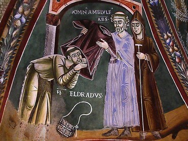 Sant'Eldrado entra in monastero. Cappella di San Eldrado, abbazia dei Santi Pietro e Andrea, meglio nota come abbazia di (o della) Novalesa, Italia