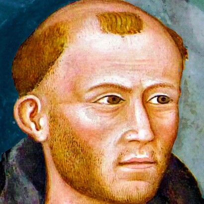 Meister Eckhart, Via veritas, affresco, Andrea di Bonaiuto, Cappellone degli Spagnoli, Basilica di Santa Maria Novella, Firenze, Italia