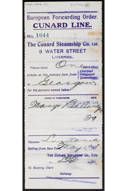 Margaret Ballantyne passenger ticket - National Museums Liverpool; believed to be copyright expired