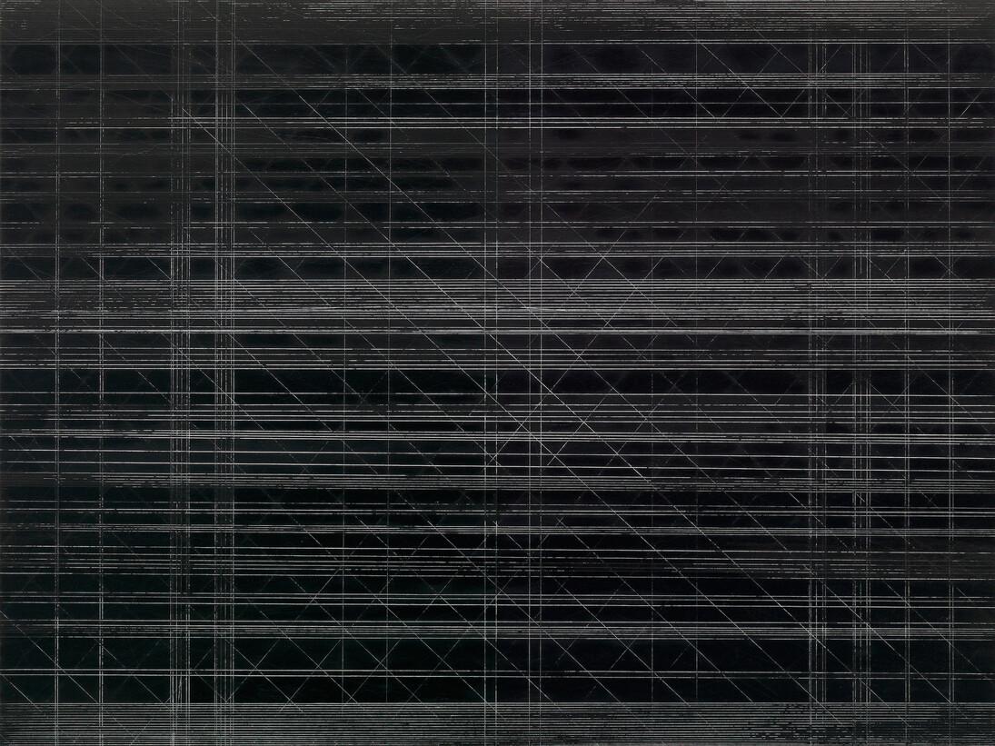 Lucie Beppler, untitled, Oil pen, engraving needle, ink, oil on gesso primed thick paper, 2015, 76 x 110 cm. 