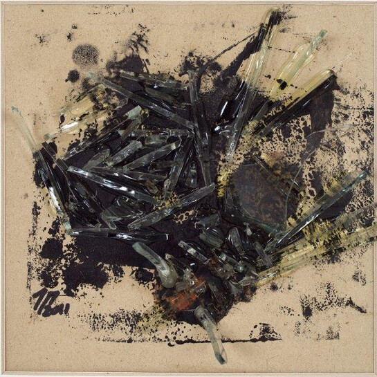 Lina Pigadioti, Fly/Mind Views (2010), Mixed media (monoprint and glass collage on cardboard), 12 x 12 cm