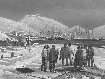 Crimean War, Balaklava: graves at the harbour. Coloured lithograph by C. Haghe, 1855, after W. Simpson