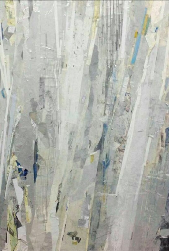 Redactor VII, 2013, enamel, acrylic, crystalina, glass powder, pigment, cold wax, glass film, tape, and vinyl on wood panel, 60 x 48 inches