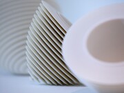 Installation view of Many a Slip, invited artists juggle with the domestic symbol of 'the cup' (2015) at Marsden Woo Gallery, focus on Nicholas Lees 'Floating Cups' image © Philip Sayer, courtesy of Marsden Woo Gallery, London