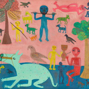 Madhvi Parekh, Playing With Animals, 1989, Oil on canvas; 44.7 x 55.0 in / 113.5 x 139.7 cm