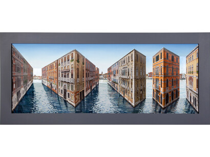Patrick Hughes, The One and the Many, 2015, Oil on board construction, 58 x 158 x 25.5 cm, 22 7/8 x 62 1/4 x 10 1/8 in, Framed: 76 x 176 x 26.5 cm / 29 7/8 x 69 1/4 x 10 1/8 in, courtesy of Flowers Gallery, London and New York