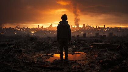 A boy watching the ruins after bombing of a city