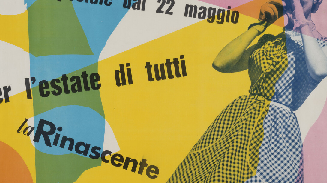 Max Huber, La Rinascente – Per l’estate di tutti, 1954, manifesto pubblicitario, stampa offset, foto Sergio Libis, 70 x 100 cm Archivio Max Huber