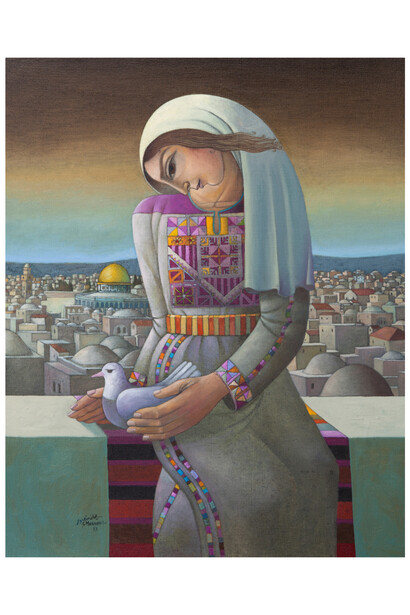 Sliman Mansour, Woman with Pigeon (2013), aqueous print on archival Canson rag paper, 240 g. Edition of 75 (+AP), 53.5x42 cm. Courtesy of Zawyeh Gallery