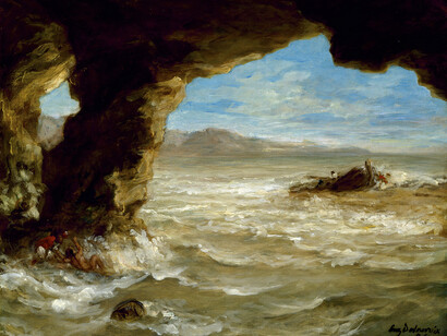 Eugène Delacroix, Shipwreck off a Coast, 1862, Oil on canvas, 38.1 × 45.1 cm, The Museum of Fine Arts, Houston, Texas Museum purchase funded by the Agnes Cullen Arnold Endowment Fund (2004.1693) © The Museum of Fine Arts, Houston, Texas / Bridgeman Images
