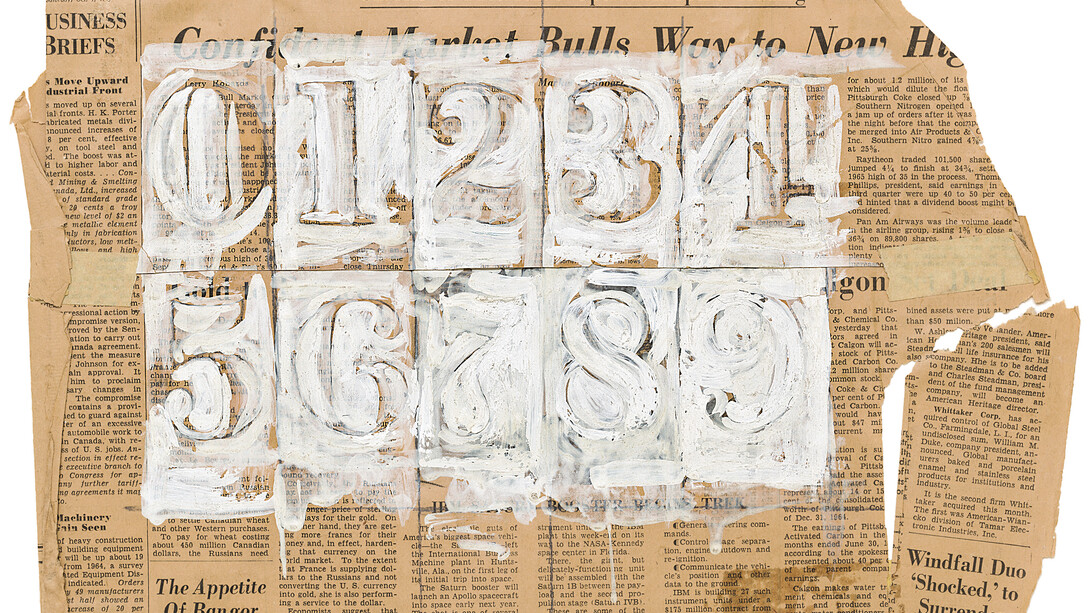 Sturtevant. Johns 0 through 9. 1965. Encaustic on newsprint. 10 13/16 × 14 3/8″ (27.5 × 36.5 cm). Collection de Bruin Heijn. Photo: Peter Cox. © Estate Sturtevant, Paris