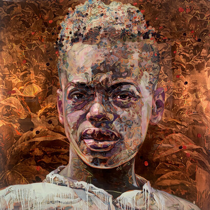 Hung Liu, Mississippi Red, mixed media, 48x48 inches. Courtesy of Nancy Hoffman Gallery