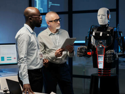 Engineers analyzing the robot’s programming, focusing on digital interactions in AI-driven customer service, healthcare, and education
