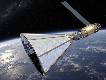 Artist’s concept of a proposed United Launch Alliance orbital propellant depot equipped with large sun shields designed to protect cryogenic fuel storage in space