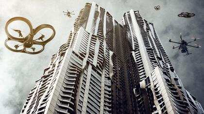 Ciudad futurista plagada de drones