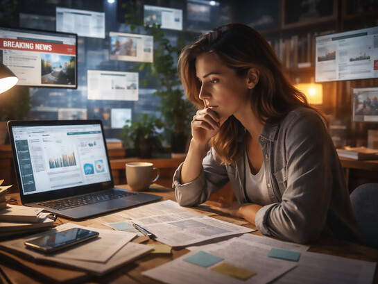 Surrounded by noise and competing narratives, she pauses to think critically—separating information from assumption in a world that rarely slows down