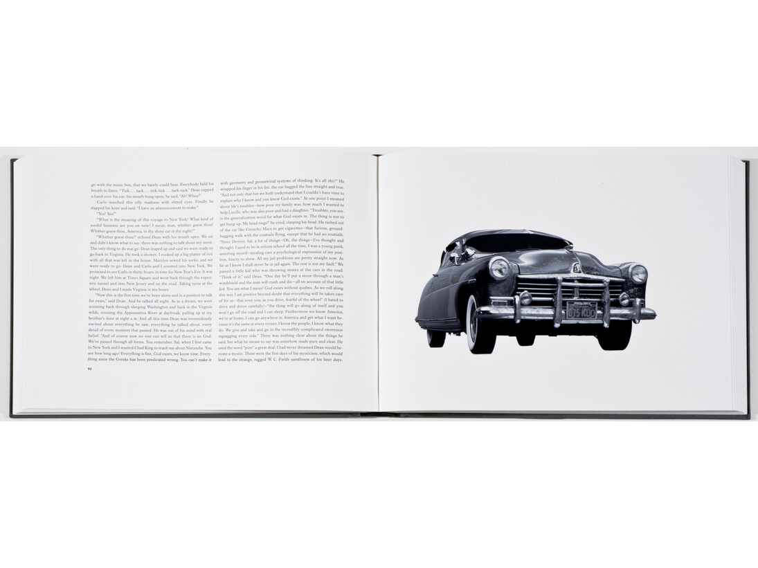 ON THE ROAD, 2009, An Artist Book of the Classic Novel by Jack Kerouac. Designed by Ed Ruscha, 228 Pages: 220g Hahnmühle paper, Fuji Crystal Archive paper, leather bound hardcover and slipcase. 14 1/8 x 18 1/4 x 2 3/4 inches, 35.9 x 46.6 x 7.1 cm. First Edition: 350 copies, 2009. © Ed Ruscha. Courtesy Gagosian Gallery. Photography by Robert McKeever