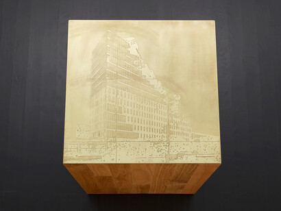 Marc Ganzglass, Building #2, 2014, Etched brass, oak plinth, 32 x 23 1/2 x 22 1/2 inches, unique