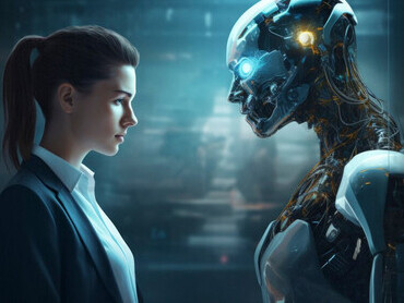 A portrait depicting a person and an AI robot, symbolizing AI training and the evolving interaction between humans and artificial intelligence