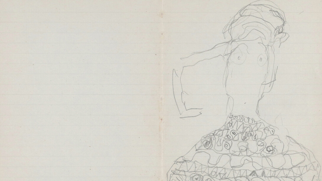 Gustav Klimt, Studie für die rechte Figur mit gespreizten Beinen und Rock im Gemälde "Die braut" aus dem letzten Skizzenbuch, 1917. Mit freundlicher genehmigung des Lower Belvedere