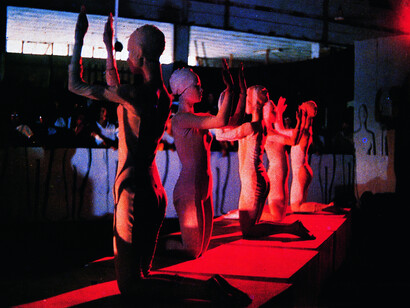 The Southern Artists Salon (Chen Shaoxiong, Huang Xiaopeng, Liang Juhui, Lin Yilin and Wang Du), performance at the First Experimental Exhibition of the Southern Artists Salon, student activity centre, Sun Yat-sen University, Guangzhou, Guangdong province, 3 September 1986. Courtesy of the Artists