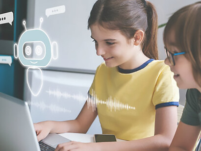 Engaged children interact with AI chatbot on computer or mobile, showcasing the innovative role of artificial intelligence in education
