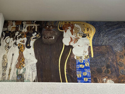 In 1902, Klimt painted the Beethoven Frieze for the Fourteenth Vienna Secession exhibition in celebration of 75th anniversary of the composer Ludwig van Beethoven's death