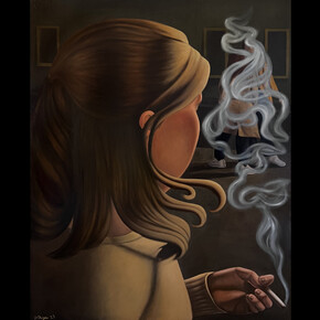 Olivia Chigas, Smoke Gets in Your Eyes, 2023, oil on canvas, 50x40 inches. Courtesy the artist and Voltz Clarke Gallery, NYC