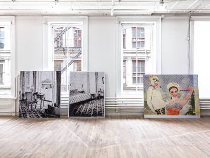 Left to right: Sigmar Polke, Interieur (Interior), 1965 / 2013. Archival inkjet print on Canson Fotosatin, mounted on reboard, Sigmar Polke, Schlafzimmer (Bedroom), 1965 / 2013. Archival inkjet print on Canson Fotosatin, mounted on reboard, Sigmar Polke, Freundinnen (Girl Friends), 1965 / 2013, Archival inkjet print on Canson Fotosatin, mounted on reboard, From Living with Pop. A Reproduction of Capitalist Realism, Artists Space, 2014.