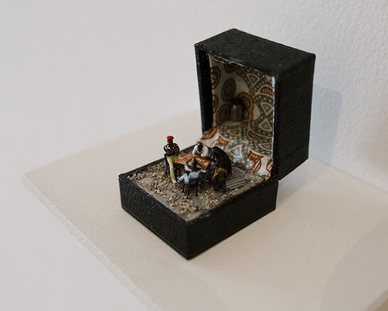 Curtis “Talwst” Santiago,The Domino Players “Jamaican Style,” 2016. Acrylic paint, fabric, plastic figurines, and found jewelry box, 1 3/4 × 3 inches. Courtesy the artist, Photo: Natalie Conn