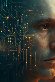 A contemplative mind merges with circuitry, capturing the quiet intelligence of silence, emotion, and synthetic empathy