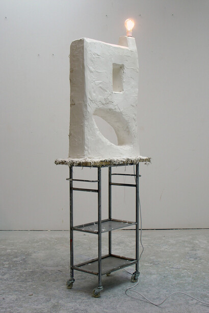 David Ben White, The Fabrication of Pleasure Sculpture 3, 2014, Plaster of paris, wood, cable, electric light bulb, 90 x 62 x 28 cm

