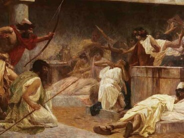 In The Odyssey (Book XXII), Odysseus sheds his disguise as a beggar and, together with his son Telemachus and two faithful servants, takes revenge on the 108 suitors who had overrun his household and sought to marry his wife, Penelope
