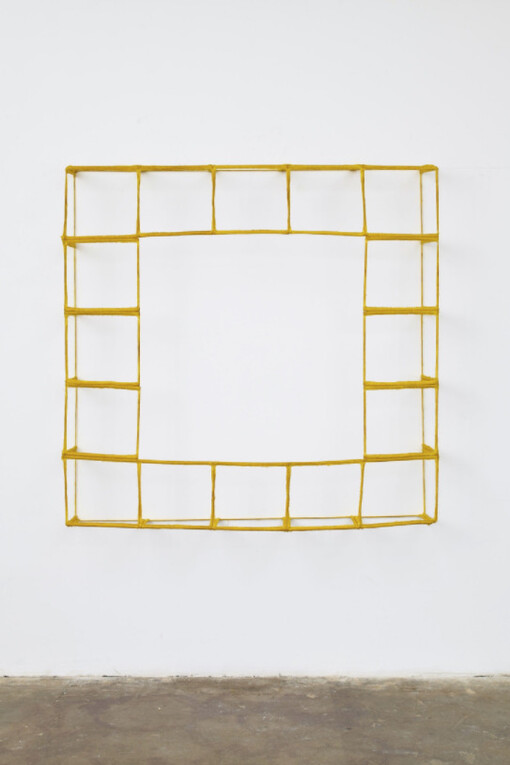 Paul Lee, Untitled (yellow washcloth negative), 2012, towels, threads, ink, steel, aluminium, 152.4 x 152.4 x 30.5 cm, 60 x 60 x 12 ins, copyright the artist, courtesy Stuart Shave/Modern Art, London