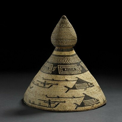 Whaling hat of double layer twined cedar bark, spruce root, and grass, collected during Captain James Cook third voyage, 1976-1780. © The Trustees of the British Museum