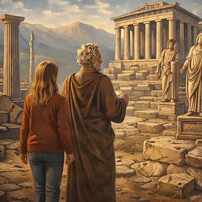Among classical Greek ruins, a young reader reflects on timeless ideas that shaped philosophy, ethics, and the way we understand the world